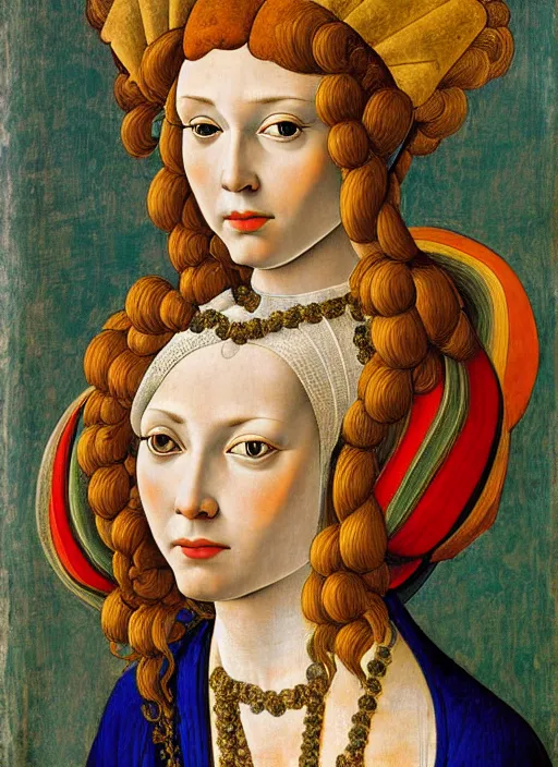 Image similar to portrait of young woman in renaissance dress and renaissance headdress, art by sandro botticelli