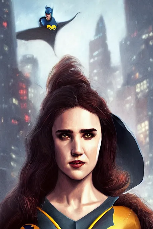 Image similar to portrait of Young Jennifer Connelly as Batgirl , face portrait, raphael lacoste, eddie mendoza, alex ross, concept art, matte painting, highly detailed, rule of thirds, dynamic lighting, cinematic, detailed, denoised, centred