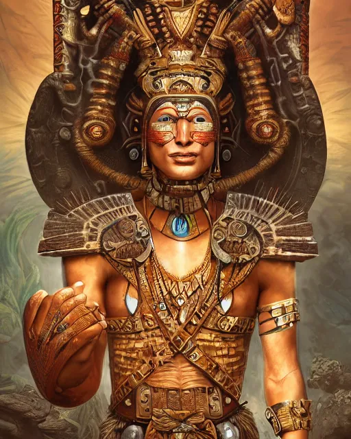 Prompt: digital painting of a mayan warrior by filipe pagliuso and justin gerard, symmetric, fantasy, detailed, intricate, portrait, sharp focus, tarot card