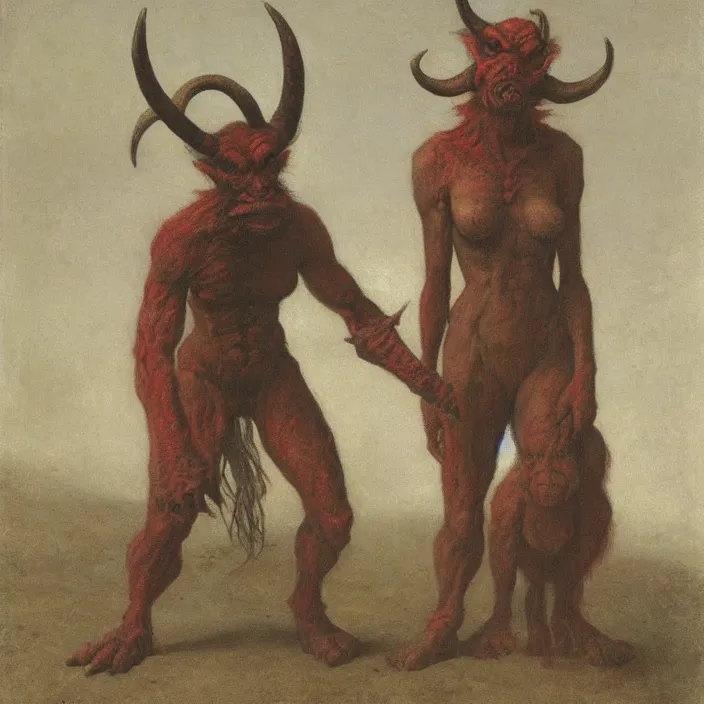 Prompt: a red-horned goblin monster next to a woman, by Odd Nerdrum