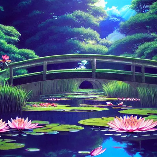 Prompt: a beautiful painting of a water lily pond by yusuke murata and makoto shinkai, cel shaded, unreal engine, highly detailed, iridescent, illustration, artstation,