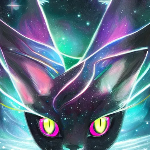 Prompt: geometric symmetrical espeon with galaxy eyes in space, nebula in the background, intricate, elegant, highly detailed, digital painting, artstation, concept art, smooth, sharp focus, illustration, art by artgerm