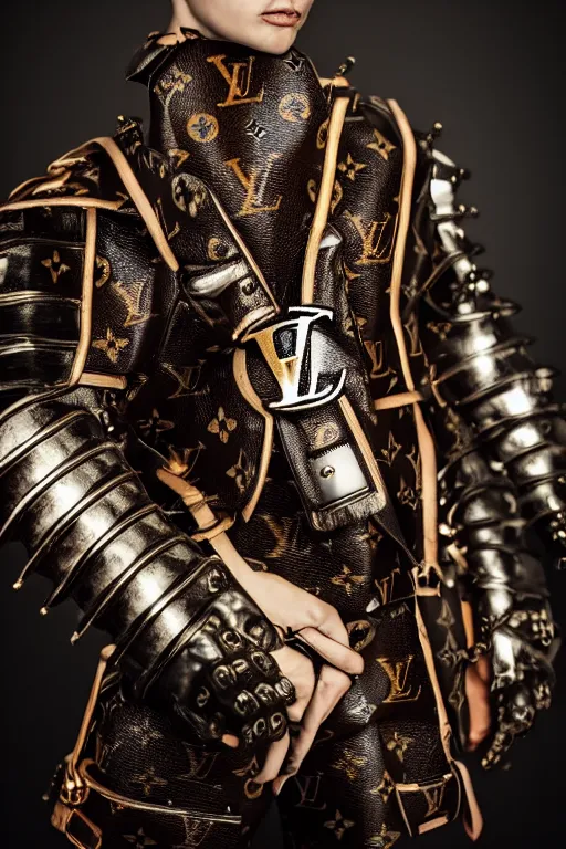 Image similar to very ashamed and angry demon envoked by louis vuitton for modeling in louis vuitton armor, luxury materials, symmetrical, cinematic, elegant, professional studio light, real dlsr photography, sharp focus, 4 k, ultra hd, sense of awe, high fashion