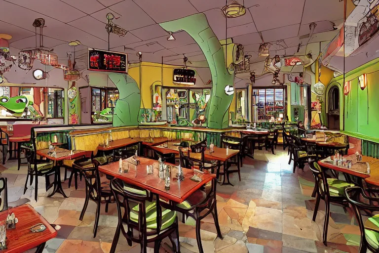 Image similar to 1 9 9 2 frog themed diner, tables repeat into the horizon, frogcore, one point perspective, americana, restaurant interior photography, 5 5 mm