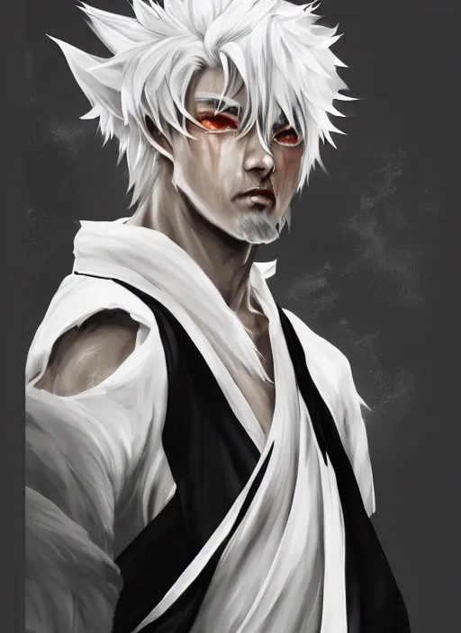 Prompt: a highly detailed illustration of fierce white haired young japanese man wearing hakama, black! sclera! eyes, dramatic serious pose, muscular, intricate, elegant, highly detailed, centered, digital painting, artstation, concept art, smooth, sharp focus, league of legends concept art, wlop