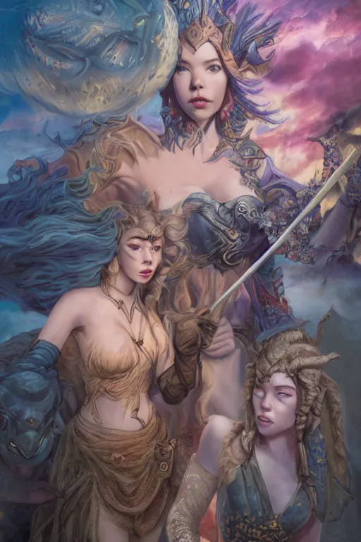 Image similar to A fantasy comic book style, composite hybrid portrait painting of Anya Taylor-Joy, and Cory Chase as a youthful Atlantean, Reptilian Warrior, Mystical Valkyrie, Modest light Armor, Sword, Sheild, Spear, François Boucher, Oil Painting, unreal 5, DAZ, hyper-realistic, Photorealistic, octane render, Regal, Refined, Coherent, Detailed Digital Art, RPG portrait, William-Adolphe Bouguereau, Michael Cheval, Walt Disney (1937), Steampunk, Hieronymus Bosch, Golden dappled dynamic lighting, Highly Detailed, Theophanic atmosphere, Cinematic Lighting, Unreal Engine, 8k, HD