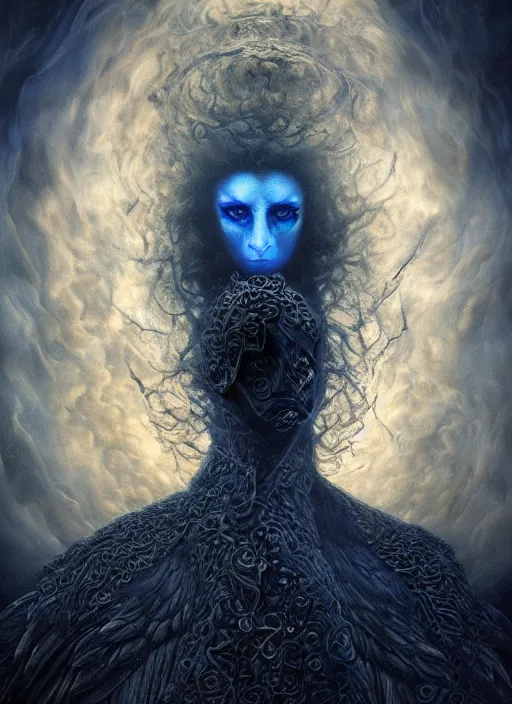 Image similar to Her huge ominous glowing blue eyes staring into my soul , perfect eyes, intricate stunning highly detailed, agostino arrivabene, WLOP, twisted dark lucid dream, 8k portrait render, raven angel wings, swirling thick smoke , beautiful lighting, dark fantasy art, cgsociety