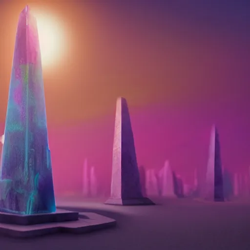 Prompt: a beautiful matte painting of colorful giant glowing crystal obelisks in serene landscape by beeple, featured on Artstation, digital art, rectilinear