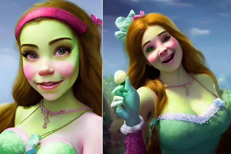 Image similar to belle delphine as shrek, cinematic chiaroscuro, photorealistic, unreal engine, artwork woman by Ross Tran