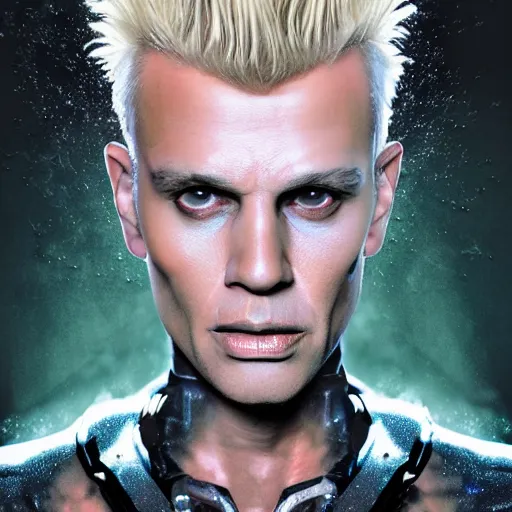 Image similar to hyperrealistic mixed media portrait of a Robot of Billy Idol forward angle, stunning 3d render inspired art by P. Craig Russell and Barry Windsor-Smith + perfect facial symmetry + dim volumetric lighting, 8k octane beautifully detailed render, post-processing, extremely hyperdetailed, intricate futuristic mechanic parts, epic composition, grim yet sparkling atmosphere, cinematic lighting + masterpiece, trending on artstation