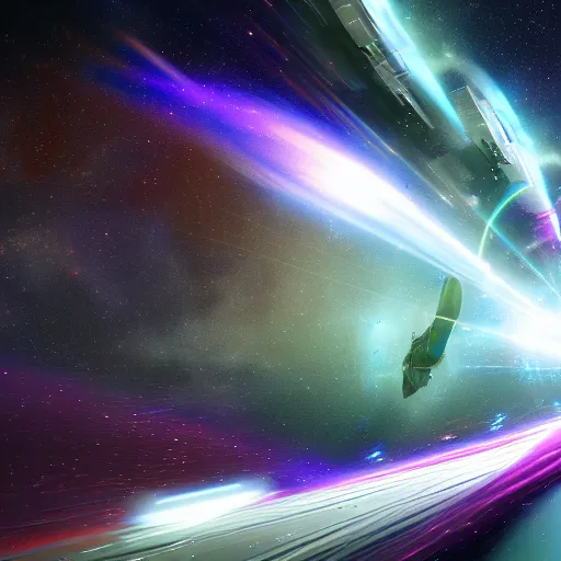 Image similar to galactic space fleet flying into a warp portal, 8 k resolution