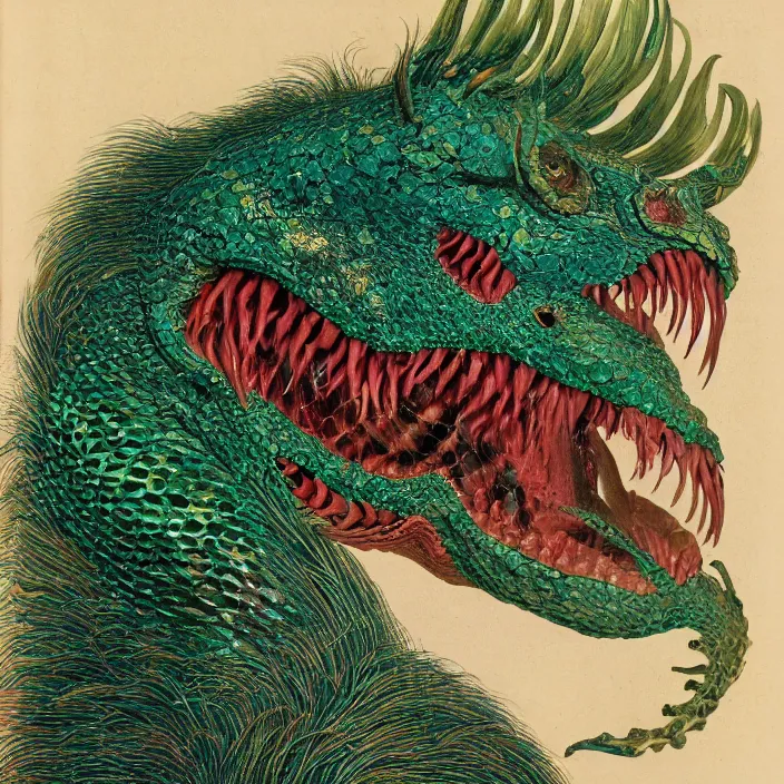 Prompt: close up portrait of an mutant monster creature with proud, reptilian allure, iridescent scales, dovish feathers, diaphanous fungic protuberances. jan van eyck, walton ford