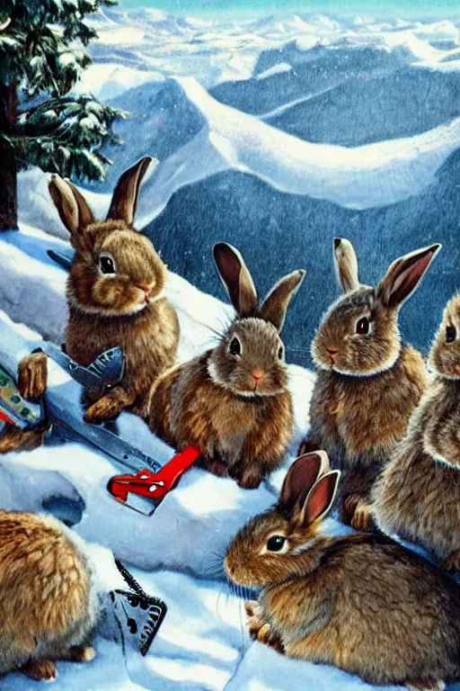 Prompt: rabbits with chainsaws on the snowy mountains. realist. high detail