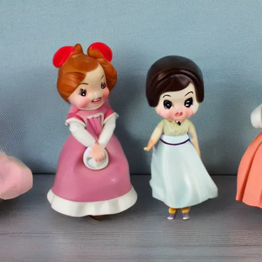 Prompt: product photograph of delicate cute vintage disney figurines by isabel han : 4 cute, chibi, popular, collectible, toys figures, kawaii, toys, white background : 3