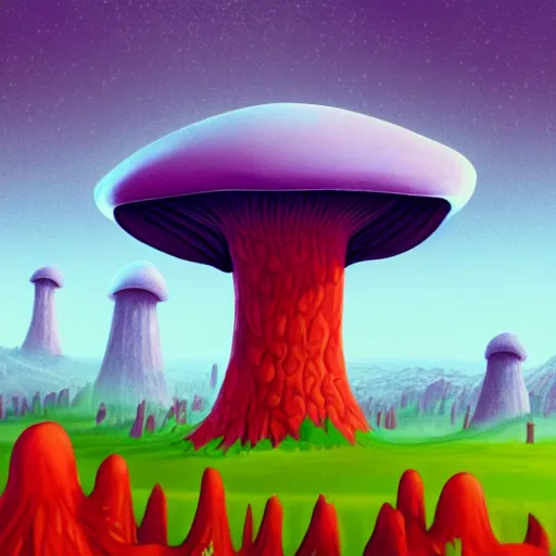 Image similar to a giant, nightmarish mushroom looking over an exotic city on the horizon, a mushroom forest, a red and purple mist filled with eyes