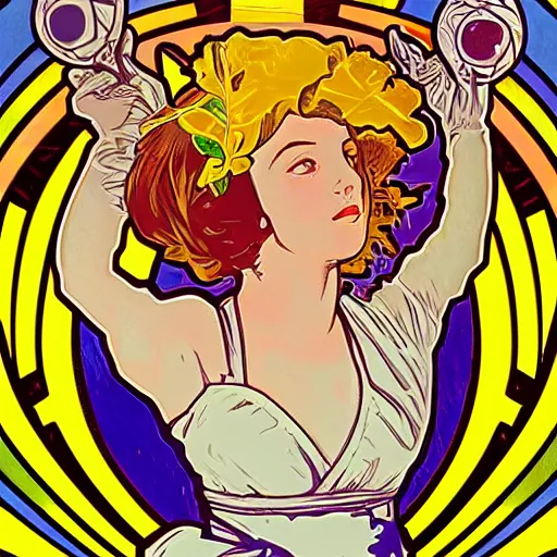 Image similar to balloon pop art in the style of alphonse mucha