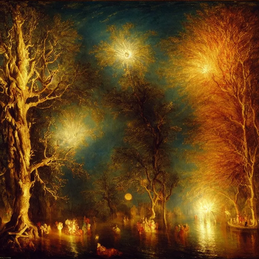 Image similar to a night carnival around a magical tree cavity, with a surreal orange moonlight and fireworks in the background, next to a lake with iridiscent water, christmas lights, folklore animals and people disguised as fantastic creatures in a magical forest by summer night, masterpiece painted by turner, scene by night, dark night environment, refraction lights, glares