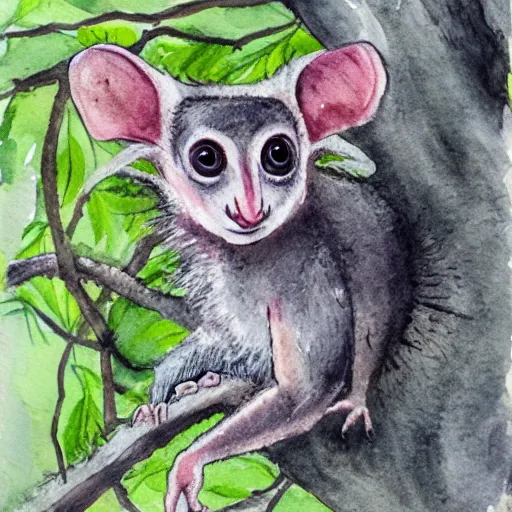 Image similar to an aye - aye in a tree. watercolour and ink