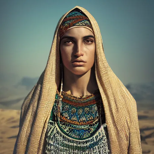 Image similar to portrait of a stunningly beautiful middle eastern tribal female, depth of field, zeiss lens, detailed, symmetrical, centered, fashion photoshoot, by Annie Leibovitz and Steve McCurry, David Lazar, Jimmy Nelsson, Breathtaking, 8k resolution, extremely detailed, beautiful, establishing shot, artistic, hyperrealistic, beautiful face, octane render