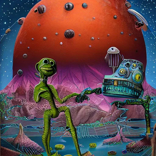 Prompt: extraterrestrial bordello on another planet, Jim Henson creature shop, highly detailed, illustration