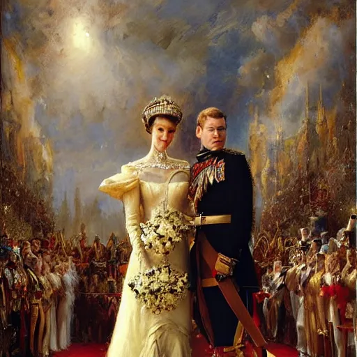 Image similar to the painting of prince william and bella hadid's royal wedding, art by gaston bussiere, craig mullins, j. c. leyendecker, realistic human faces, smiling faces, royal wedding, england