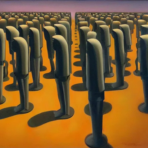 Image similar to robot bishop guards, endless cubicles, end times, grant wood, pj crook, edward hopper, oil on canvas