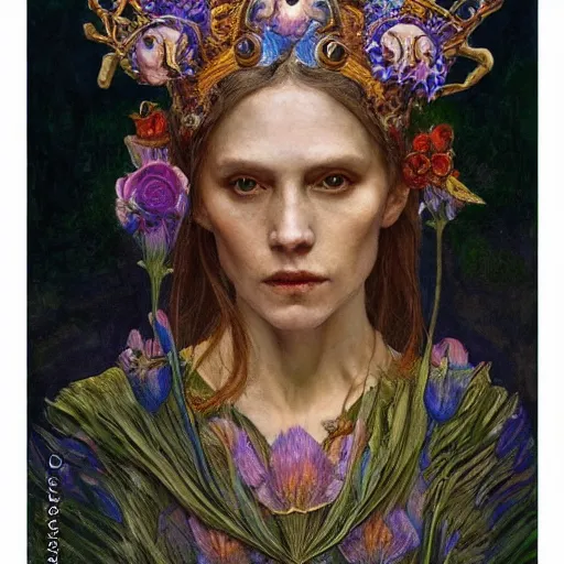 Prompt: the bone crown, by Annie Swynnerton and Nicholas Roerich and Donato Giancola, embroidered robes, floral tattoos, bioluminescent, elaborate costume, geometric ornament, symbolist, soft colors, dramatic lighting, smooth, sharp focus, extremely detailed