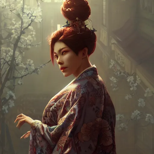 Image similar to lightskin woman in a kimono, lower back, ultra realistic, concept art, intricate details, eerie, horror, highly detailed, photorealistic, octane render, 8 k, unreal engine. art by artgerm and greg rutkowski and alphonse mucha