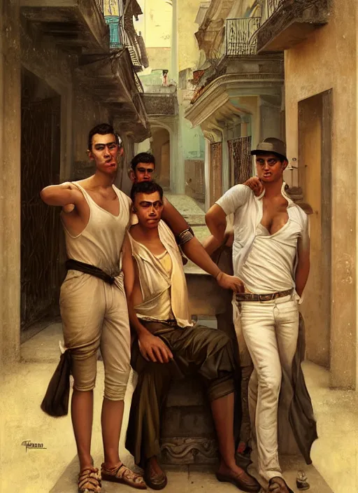 Image similar to portrait of a handsome young cuban buddies in old havana, by tom bagshaw and manuel sanjulian and greg rutkowski