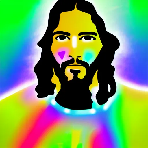 Image similar to jesus christ as a rave party dj, neon lights, detailed illustration, perfect face, 8 k