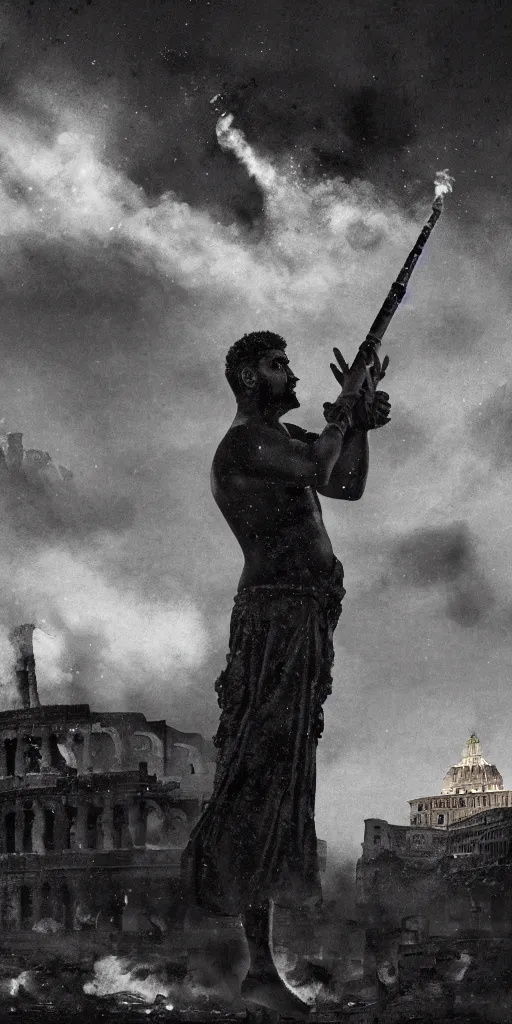 Image similar to black silhouette realistic painting of roman emperor nero as a dwarf playing the flute while roman structures are on fire in background, hyper realistic, 8 k resolution, roman amphitheater and skyline of ancient rome is on fire, red skies, smoke billows over the horizon, b 5 2 bombers dropping bombs on city as nero plays flute