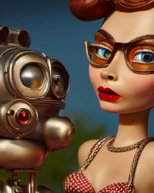 Image similar to highly detailed closeup, face profile portrait of a tin toy retro 1 9 5 0 s cara delevingne, bikini, unreal engine, nicoletta ceccoli, mark ryden, earl norem, lostfish, global illumination, detailed and intricate environment