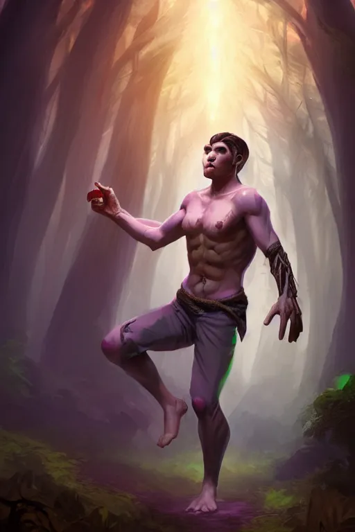 Image similar to a human elemental sorcerer, forest setting, colorful magic, male, white skin, young, sharp focus, concept art, dynamic lighting, unreal engine, by kyle herring