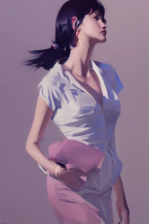 Image similar to a ultradetailed beautiful panting of a stylish woman, 1 9 6 0's fashion, high angle shot, oil painting, by ilya kuvshinov, greg rutkowski and makoto shinkai