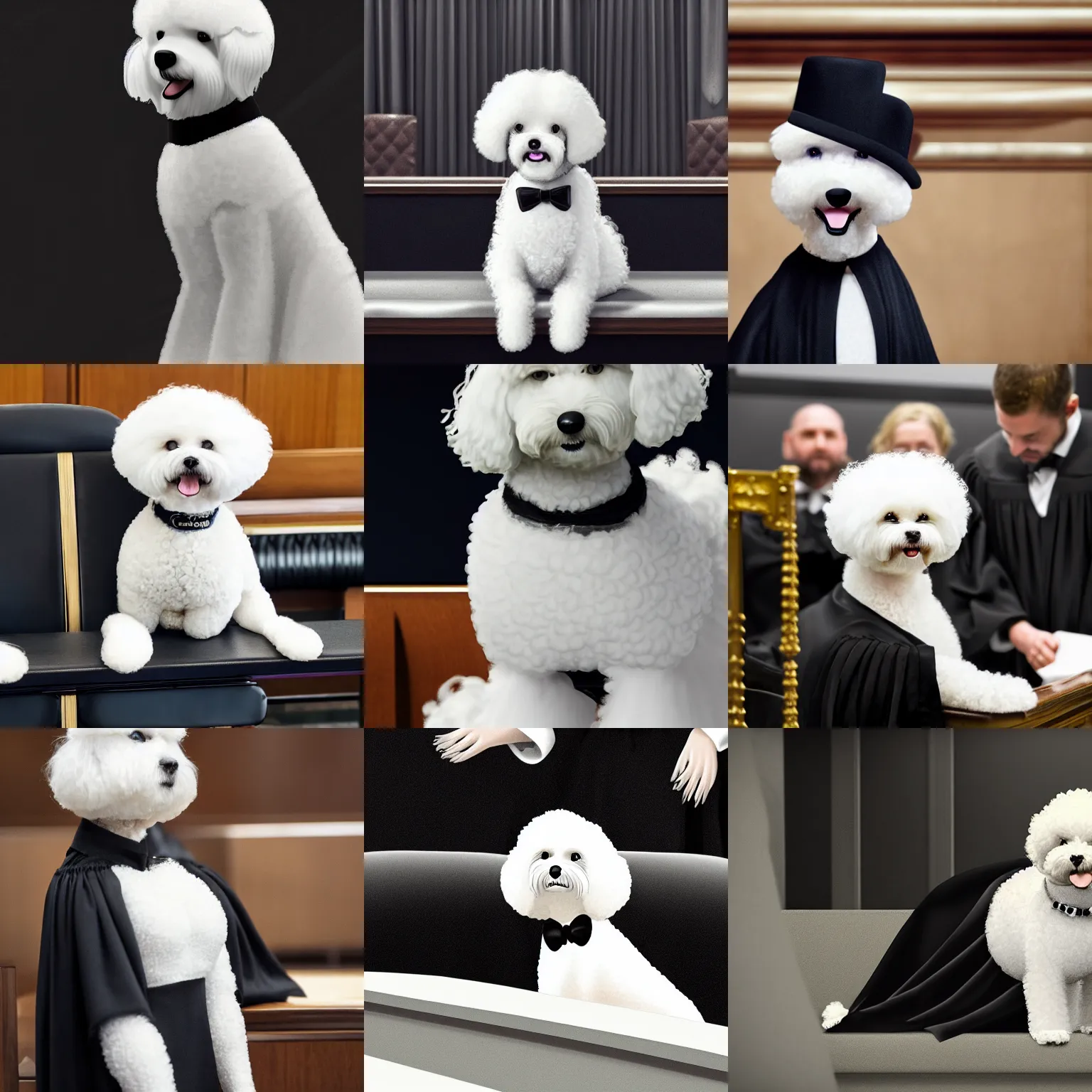 Prompt: a closeup photorealistic illustration of a smiling white bichon frise judge wearing black gown at the bench and commanding the courthouse. this 4 k hd image is trending on artstation, featured on behance, well - rendered, extra crisp, features intricate detail, epic composition and the style of unreal engine.