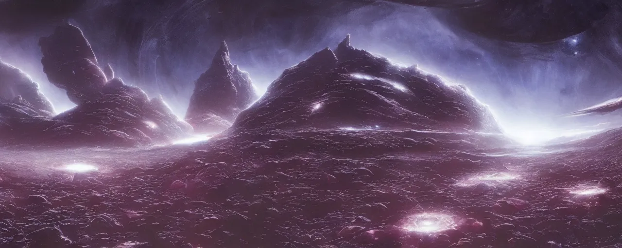 Image similar to dark galaxy panorama in space by wayne barlowe, no ground, realistic lighting, dynamic lighting, octane render