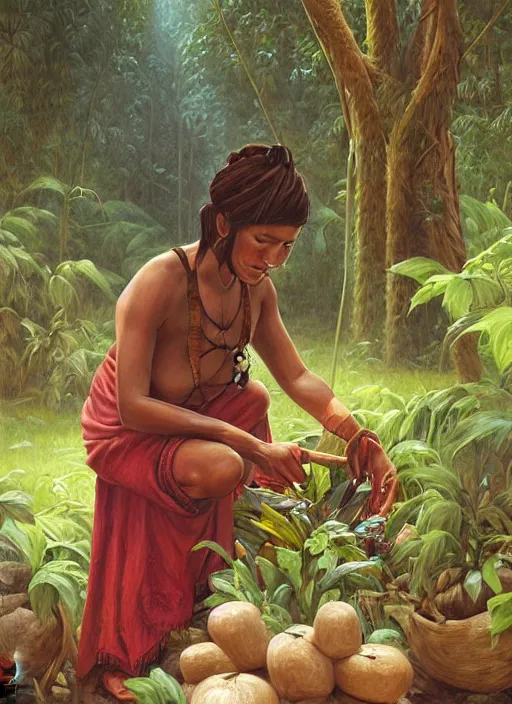 Image similar to a beautiful indigenous woman preparing plant medicines in the jungle, art by christophe vacher
