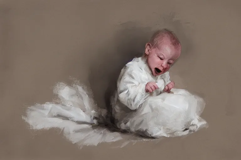 Prompt: concept art of a squealing white baby. by ashley wood and j. m. w. turner, speed painting, photo bash, cinematic angle, super detailing,