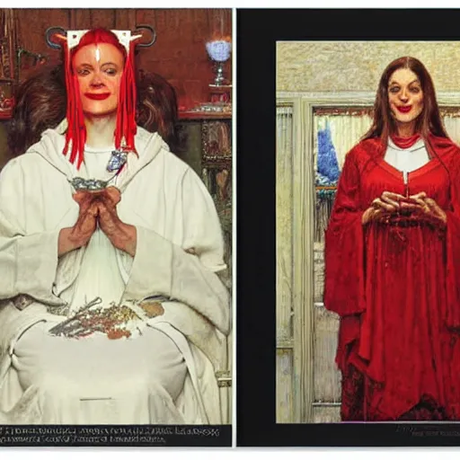 Image similar to a frontal portrait of a priestess, dressed in white and red, ( with a smile that hurts header face ), by donato giancola and norman rockwell.