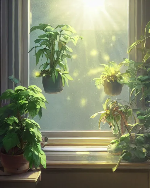 Image similar to a plant on a window sill, sunbeams, natural lighting. 8 k, octane render, full shot. by makoto shinkai, stanley artgerm lau, wlop, rossdraws, james jean, andrei riabovitchev, marc simonetti, krenz cushart, sakimichan, d & d trending on artstation, digital art.