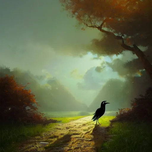 Image similar to magpie bird, urraca in avila, green fields, fall season, 4 k, concept art, by wlop, ilya kuvshinov, artgerm, krenz cushart, greg rutkowski, pixiv. cinematic dramatic atmosphere, sharp focus, volumetric lighting, cinematic lighting, studio quality