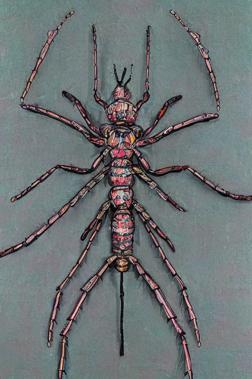 Image similar to a slim intricate super detailed anime machine with fluo color detail, and muted arm colors, that looks like a insect, on top of a painting of plastic synthetic ionized metal flower sculptures