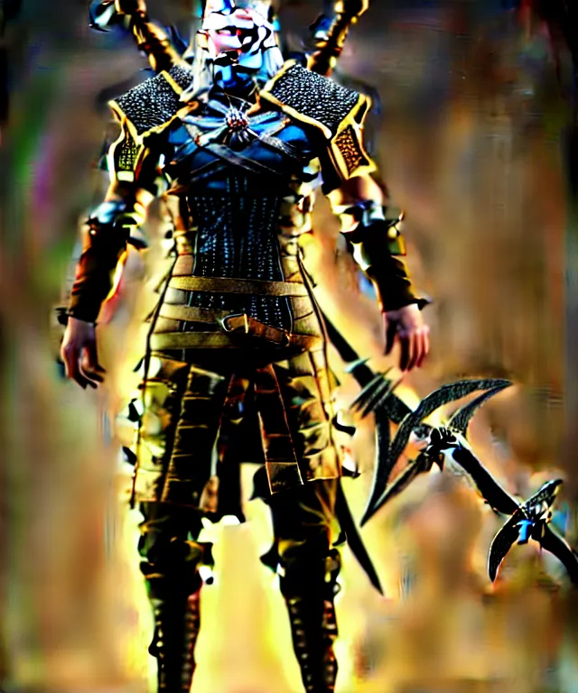 Prompt: complex 3 d render of a the witcher full body with sword, gold and black, dragon cyborg, 1 5 0 mm, beautiful natural soft light, rim light, gold fractal details, fine lace, anatomical, glass, facial muscles, elegant, ultra detailed, octane render