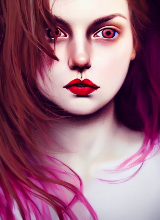 Prompt: highly detailed portrait of a young white woman with brown hair and scarlet lips, photographic realistic background, by tokenin, by glitchedpuppet, gradient pink, black, cream, brown and white color scheme, trending in artstation, award winning details