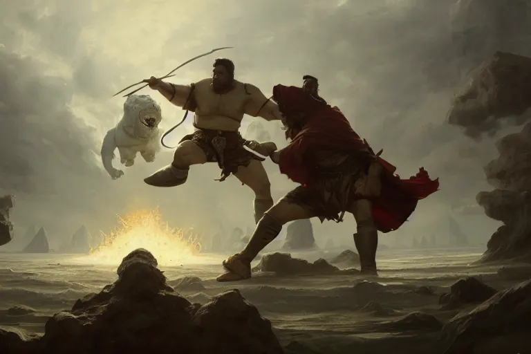 Image similar to a dynamic painting of a medieval man fighting a gigantic white fat monster, obese monstrosity fight by greg rutkowski, realism, ultra detailed, 8 k resolution