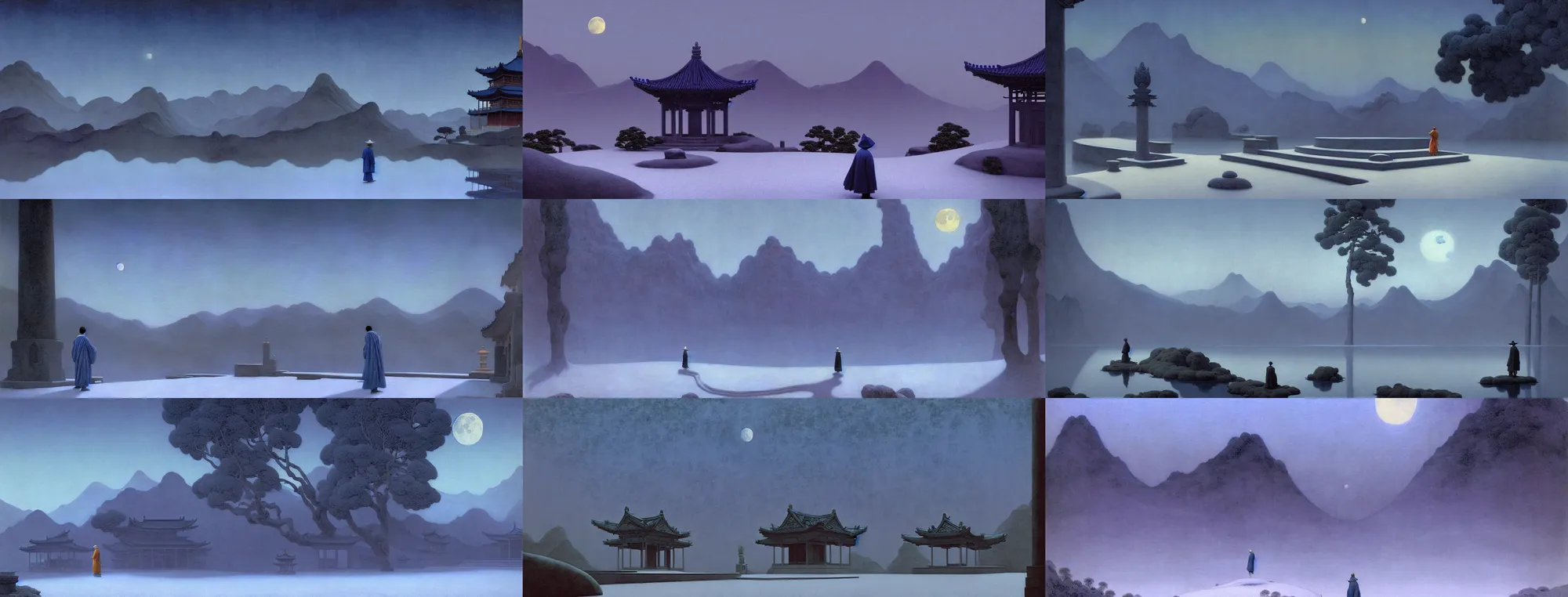 Image similar to a gorgeous landscape painting by barlowe wayne maxfield parrish and marco mazzoni. drak blue night sky. just one winter moon!! snow. chinese temple. just one lonely chinese monk in grey blue long gown walks on the winding steps. ultra clear detailed. 3 d, octane render. turbulent blood lake. fog