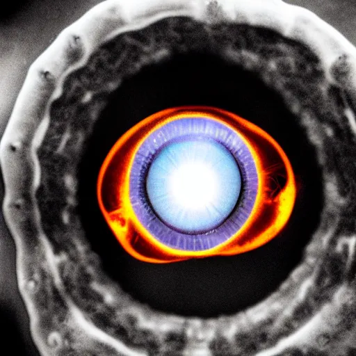 Image similar to whimsical fiery cephalopod eyes, in a photorealistic electron microscope with shallow dof