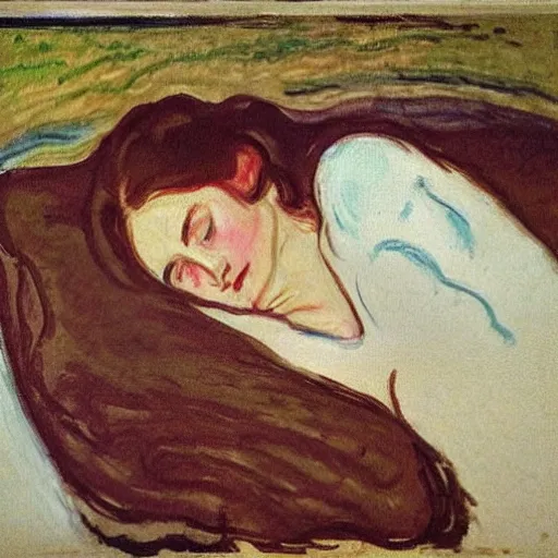 Image similar to lady with brown hair can't sleep because husband in is snoring in bed, expressive oil painting by edvard munch and claude monet