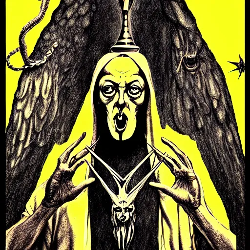 Prompt: graphic illustration, creative design, aleister crowley with baphomet, biopunk, francis bacon, highly detailed, hunter s thompson, concept art, mixed media