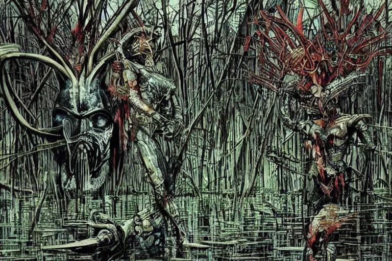 Image similar to scene from louisiana swamps, true detective, artwork by philippe druillet